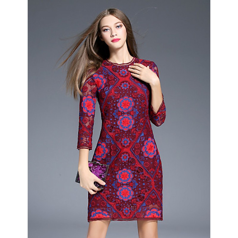 Boutique S Women's Going out Vintage Sheath Dress,Floral Round Neck Above Knee ? Sleeve Red Polyester