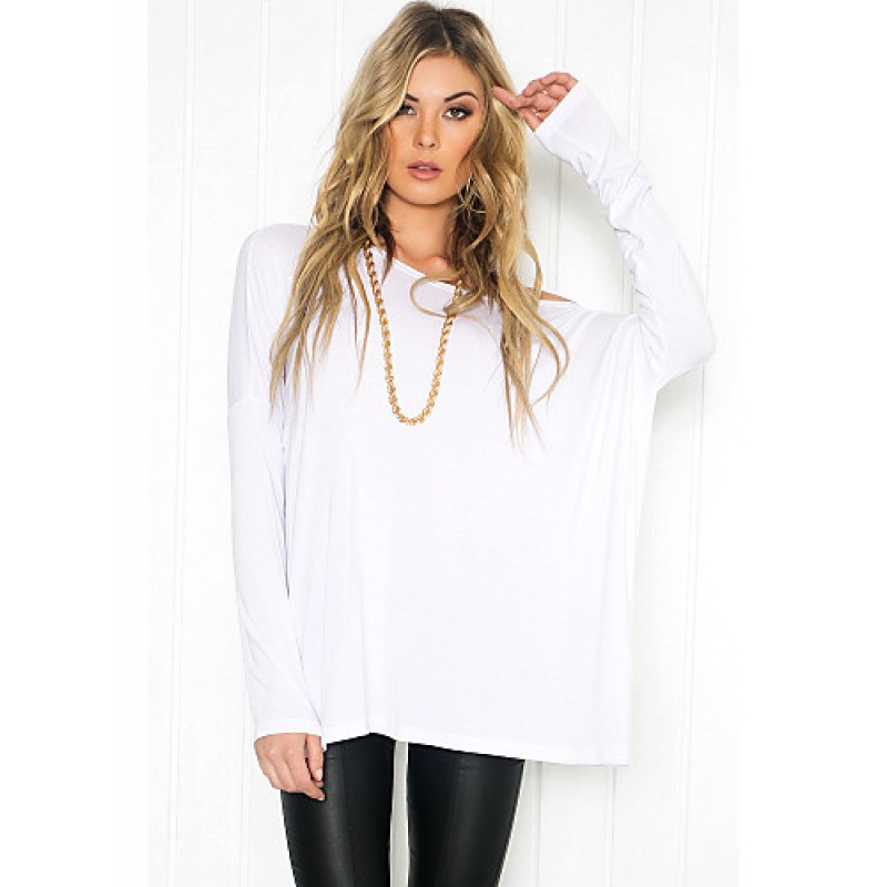 Women's Casual/Daily Sweet Sexy Fall T-shirt,Solid Round Neck Long Sleeve White / Black Cotton Medium