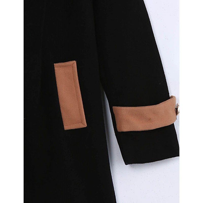 Women's Going out Street chic Coat,Color Block Round Neck Long Sleeve Winter Black / Brown Polyester Thick