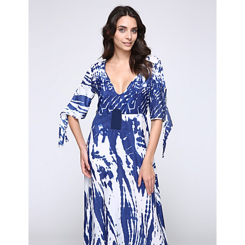 New Boho Maxi Dress Contrast Print Deep V-Neck Side Zipper 3/4 Sleeve Beach Evening Party Long