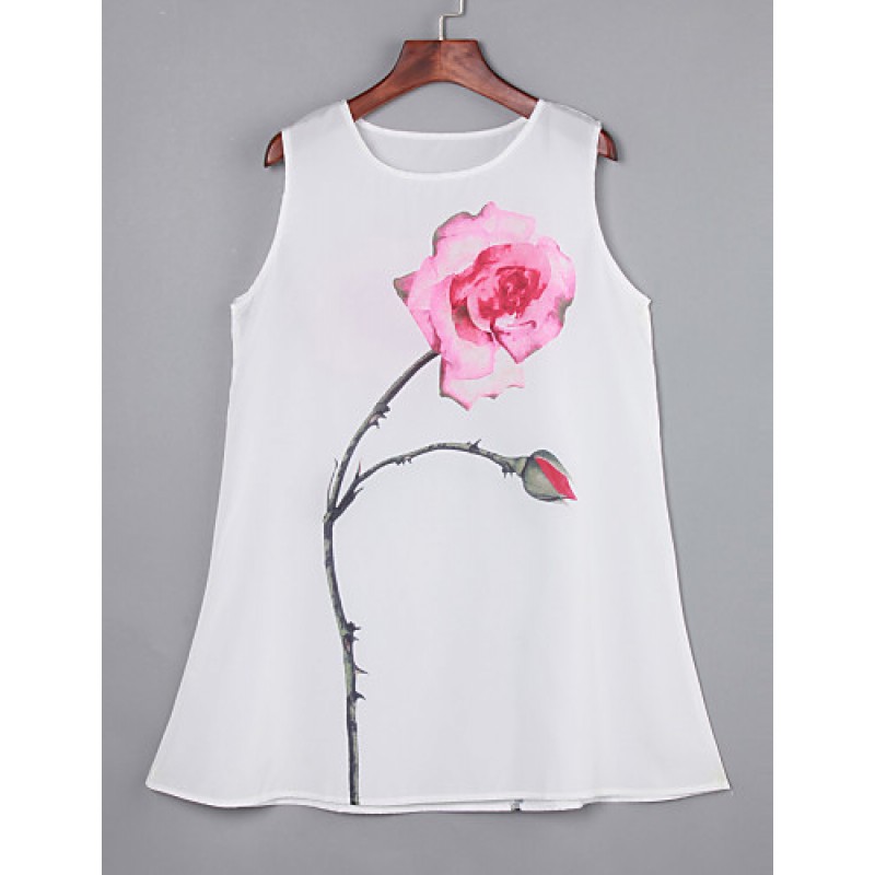 Women's Simple / Street chic Loose Dress,Floral Round Neck Above Knee Sleeveless White Polyester Summer