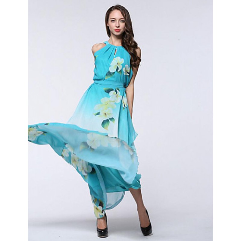 Women's Holiday / Plus Size Boho Chiffon Dress,Print Round Neck Maxi Sleeveless Blue Polyester Summer