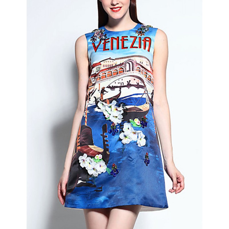 Women's Casual/Daily Street chic A Line Dress,Print Round Neck Above Knee Sleeveless Blue Cotton / Polyester Summer