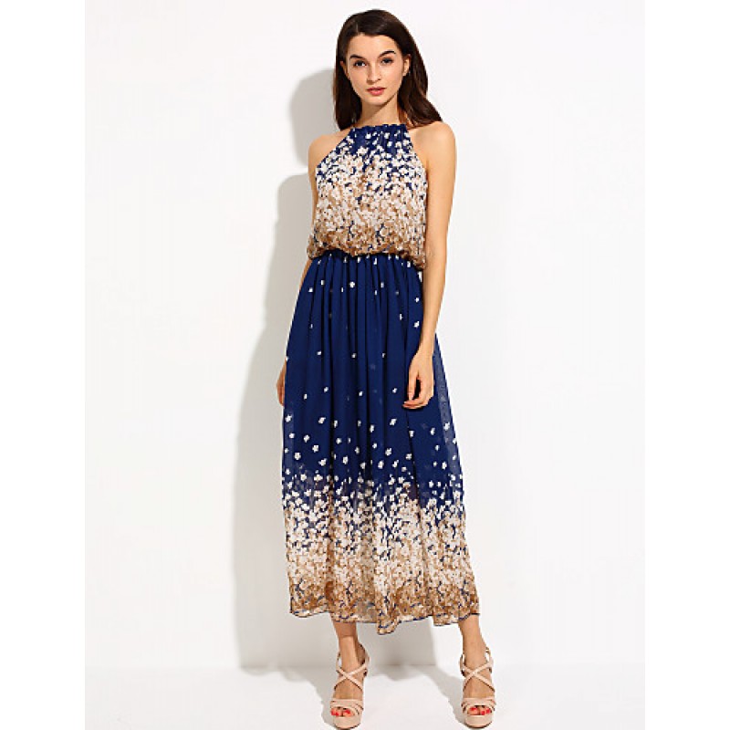 Women's Beach / Holiday Boho Chiffon / Swing Dress,Floral Halter Maxi Sleeveless Blue Polyester Spring / Summer Mid Rise Micro-elastic