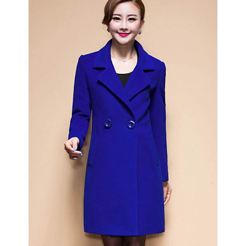 Women's Coat,Solid / Patchwork Peaked Lapel Long Sleeve Winter Blue / Black / Yellow Wool / Others Thick