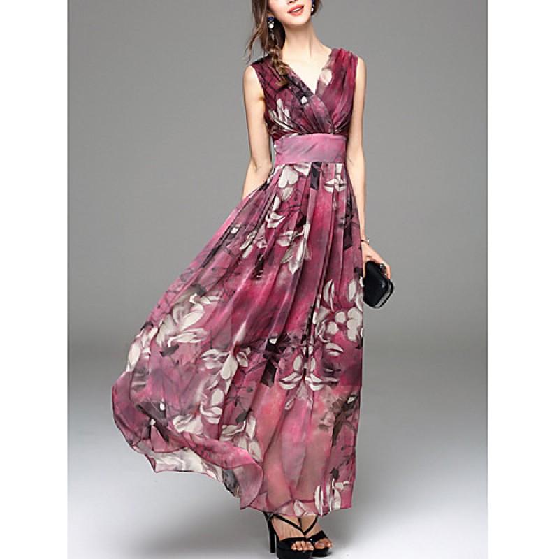 Going out Simple Sheath Dress,Print V Neck Maxi Sl...