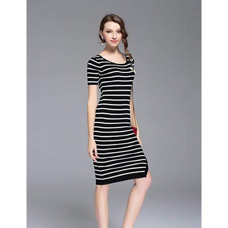 Boutique S Going out /Daily Cute Sheath DressStriped Round Neck Midi Short Sleeve White/Polyester Summer Mid Rise