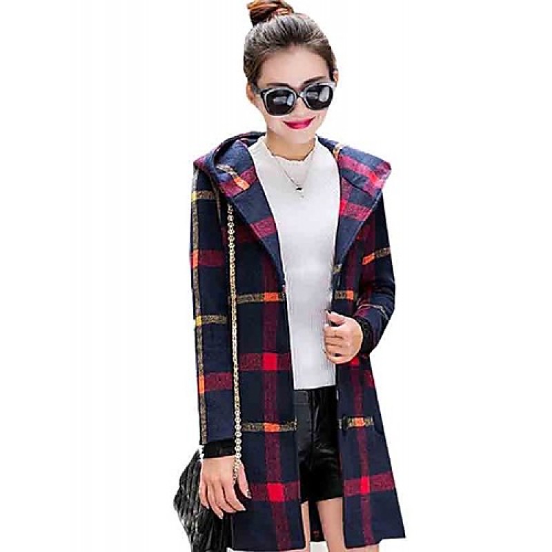 Women's Going out Cute Preppy Style Coat,Plaid Hoo...