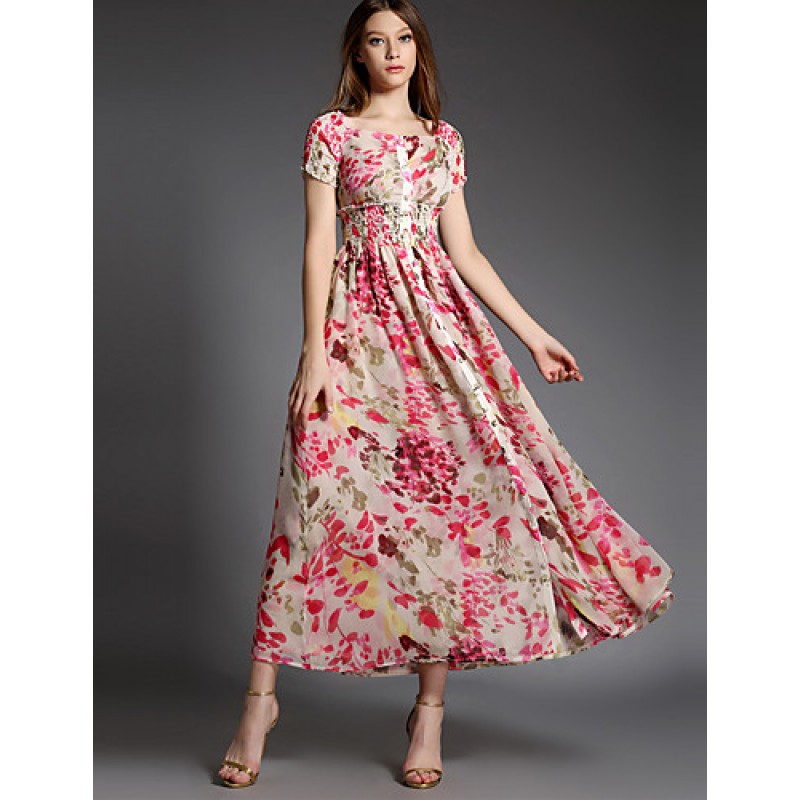 Women's Party/Cocktail Boho A Line Dress,Floral Square Neck Maxi Short Sleeve Pink Cotton Summer