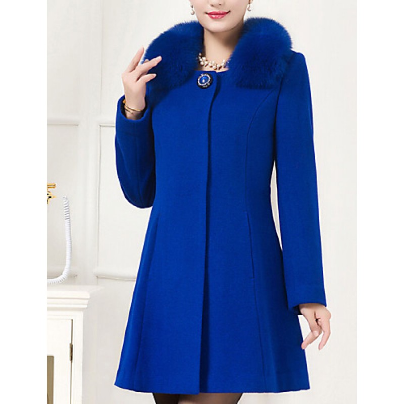 Women's Plus Size Coat,Solid Shirt Collar Long Sleeve Winter Blue / Black Wool / Others Thick