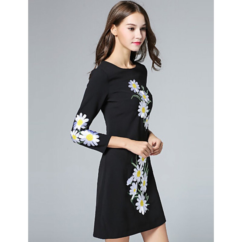 Boutique S Women's Casual/Daily Vintage Shift Dress,Embroidered Round Neck Above Knee Long Sleeve Polyester Fall