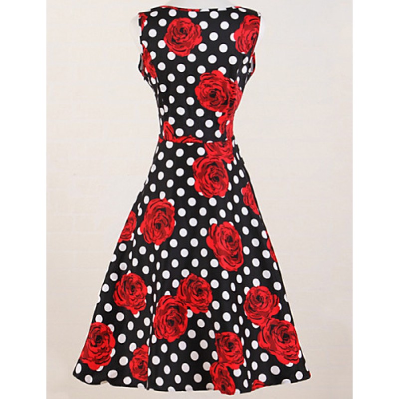 Women's Vintage Slim Polka Dot Rose Print Sleeveless Swing Dress