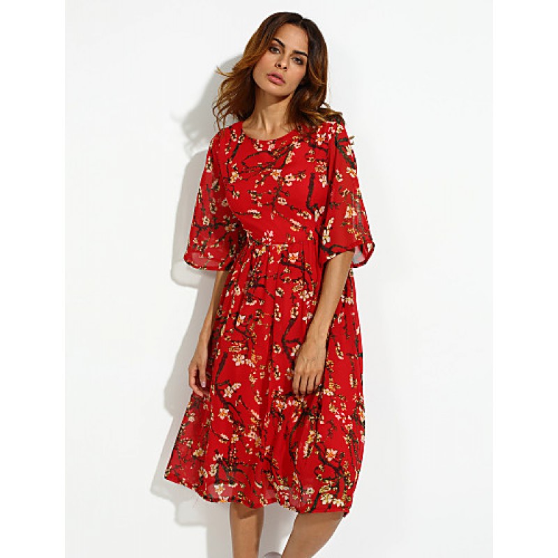 Women's Casual/Daily Boho / Street chic Plus Size / Chiffon Dress,Floral Round Neck Midi ? Length Sleeve Red Silk Summer