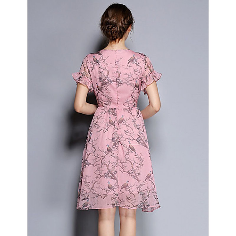 Women's Party/Cocktail Vintage Sheath / Chiffon Dress,Print Round Neck Knee-length Short Sleeve Pink Silk Summer