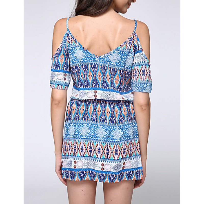 Women's Casual/Daily Boho Sheath Dress,Print Strap Above Knee Short Sleeve Blue Polyester Summer