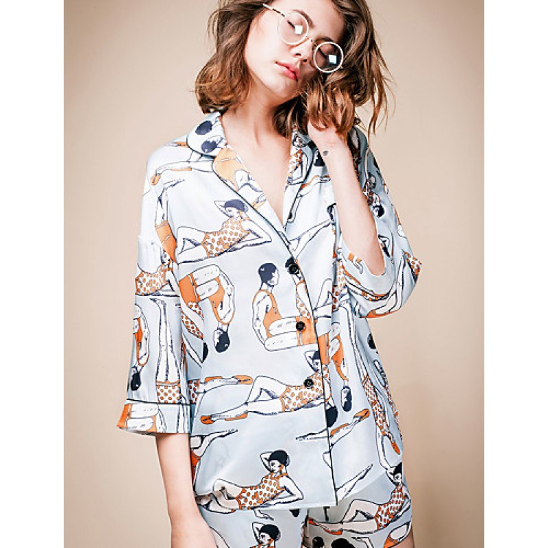 LIANGSANSHIWomen's Casual/Daily Street chic Summer Shirt,Print Shirt Collar ? Sleeve Blue Polyester / Others Thin