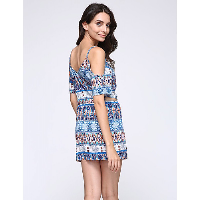 Women's Casual/Daily Boho Sheath Dress,Print Strap Above Knee Short Sleeve Blue Polyester Summer