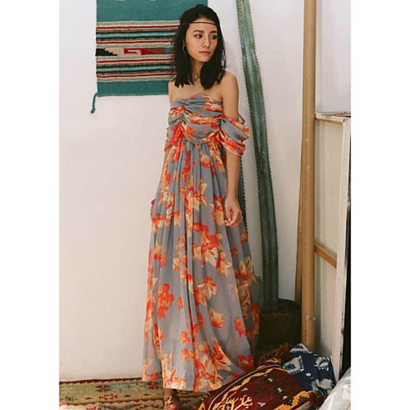 SINCE THEN SIN CE THEN Women's Sexy / Boho Floral Swing Dress,Strapless Maxi Polyester