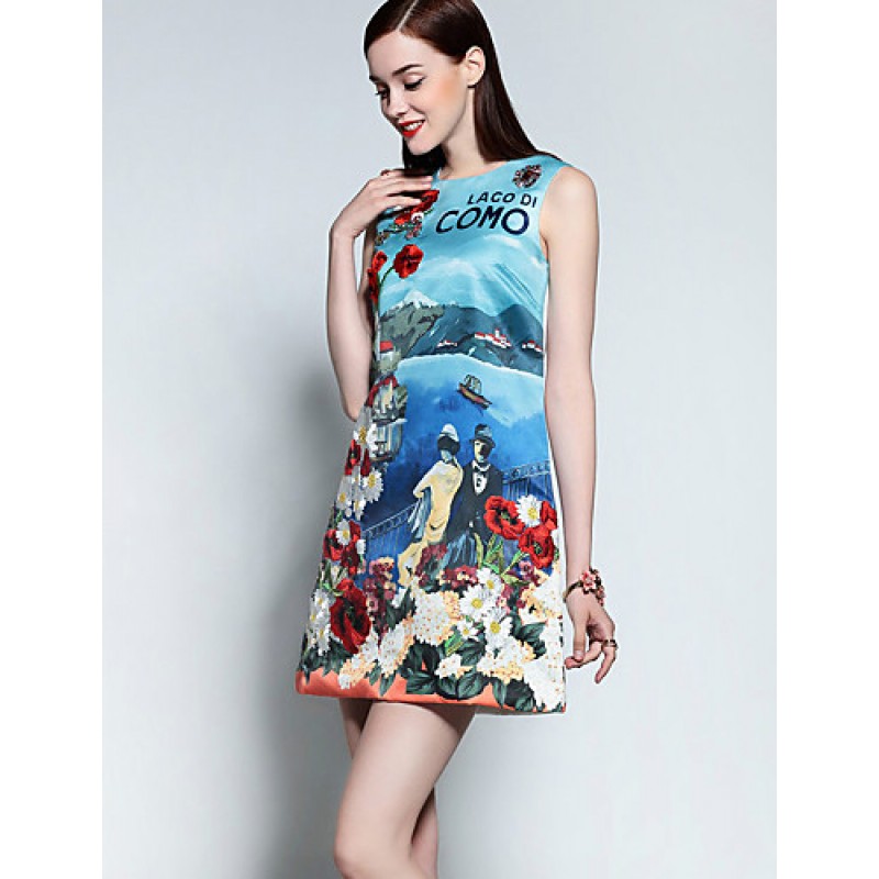 Boutique S Women's Casual/Daily Cute A Line Dress,Print Round Neck Above Knee Sleeveless Blue Cotton Summer