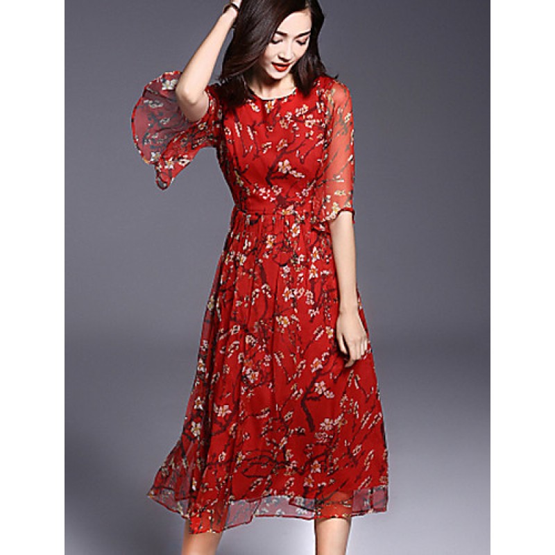 Women's Casual/Daily Boho / Street chic Plus Size / Chiffon Dress,Floral Round Neck Midi ? Length Sleeve Red Silk Summer