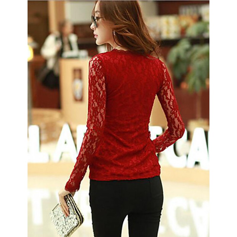 Women's Casual/Daily Simple Fall Blouse,Solid Round Neck Long Sleeve Red / White / Black Cotton / Rayon / Polyester Thin