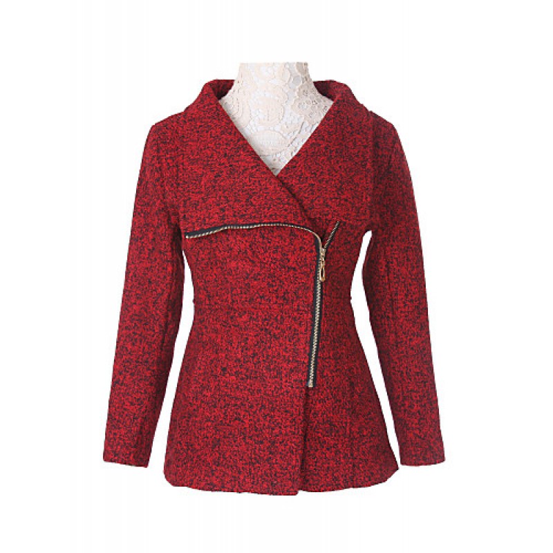 Women's Coat,Solid Long Sleeve Winter Red / Gray Wool / Others Thick