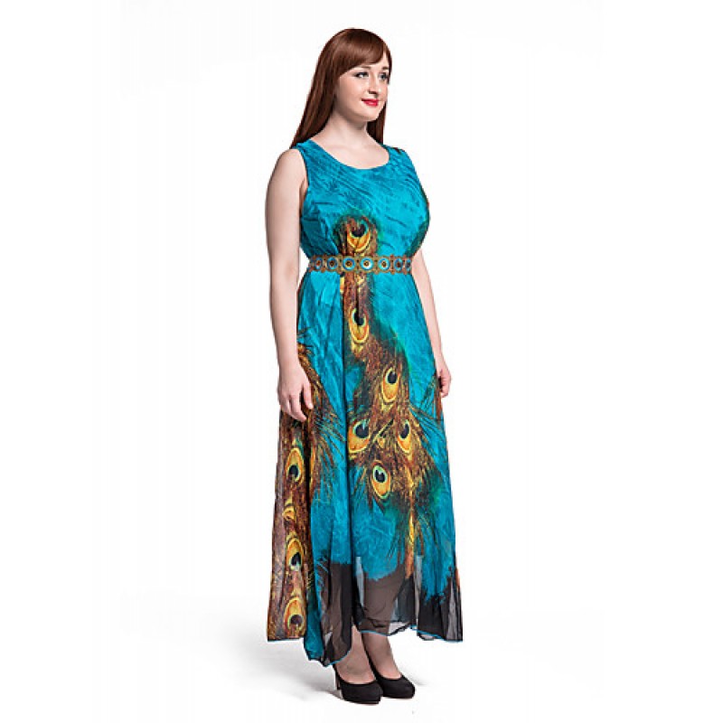 Women's Beach Plus Size / Swing Dress,Animal Print Round Neck Maxi Sleeveless Blue Polyester Summer