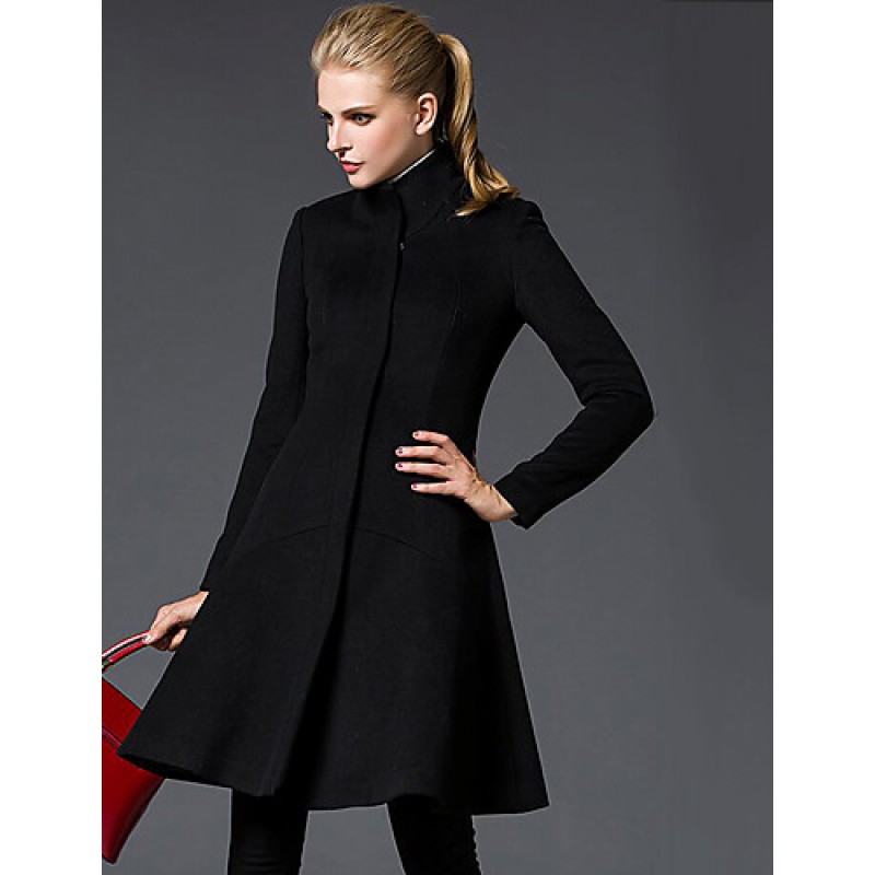 Women's Going out Sophisticated Coat,Solid Stand Long Sleeve Winter Red / Black Wool Medium