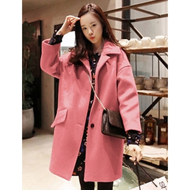 Women's Casual/Daily Simple Coat,Solid Shirt Collar Long Sleeve Winter Blue / Pink / Yellow Wool Thick