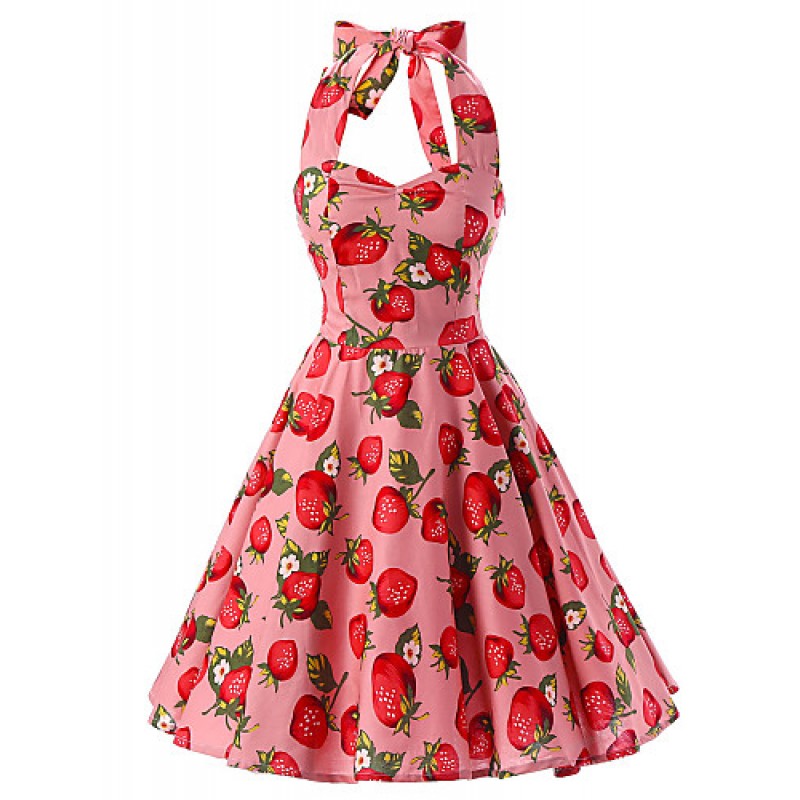 Women's Pink Strawberry Pattern Floral Dress , Vin...