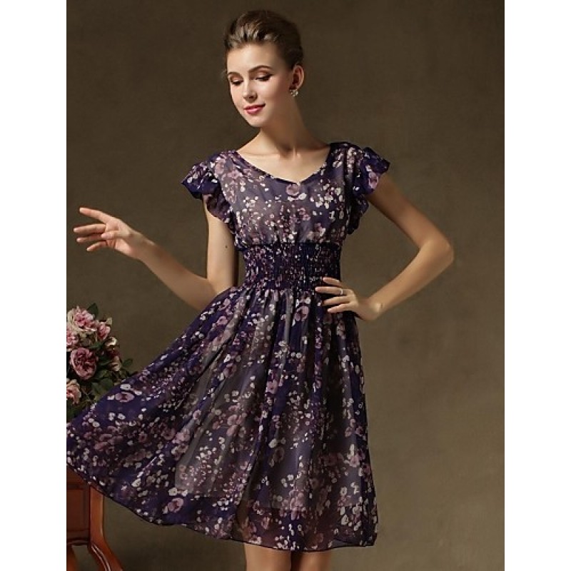 Women's Vintage Short Sleeve Floral Print Chiffon Dress