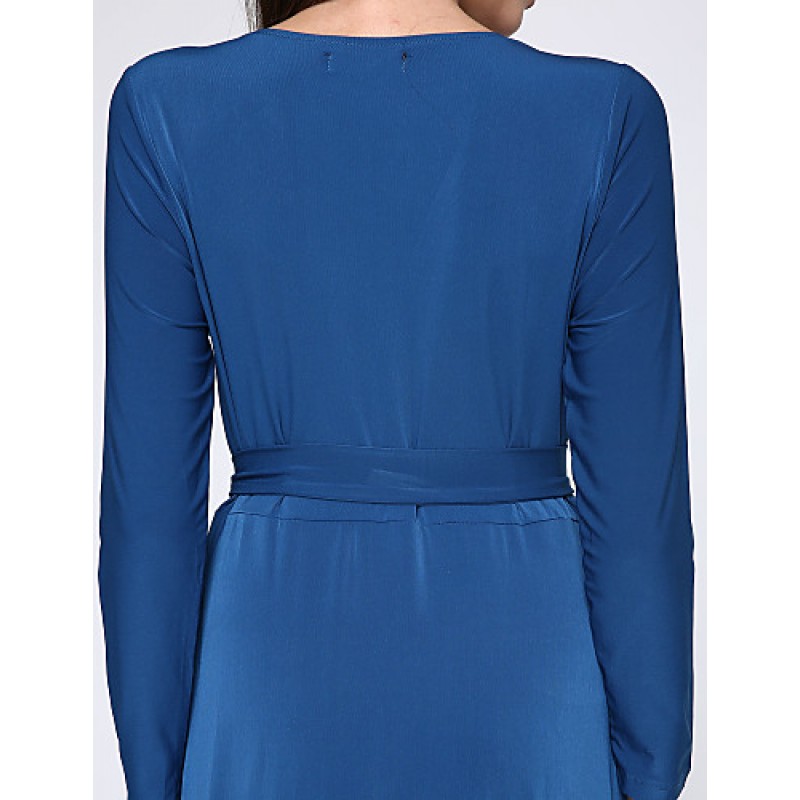 Women's Party/Cocktail Plus Size Plus Size Dress,Solid V Neck Midi Long Sleeve Blue Spandex Fall