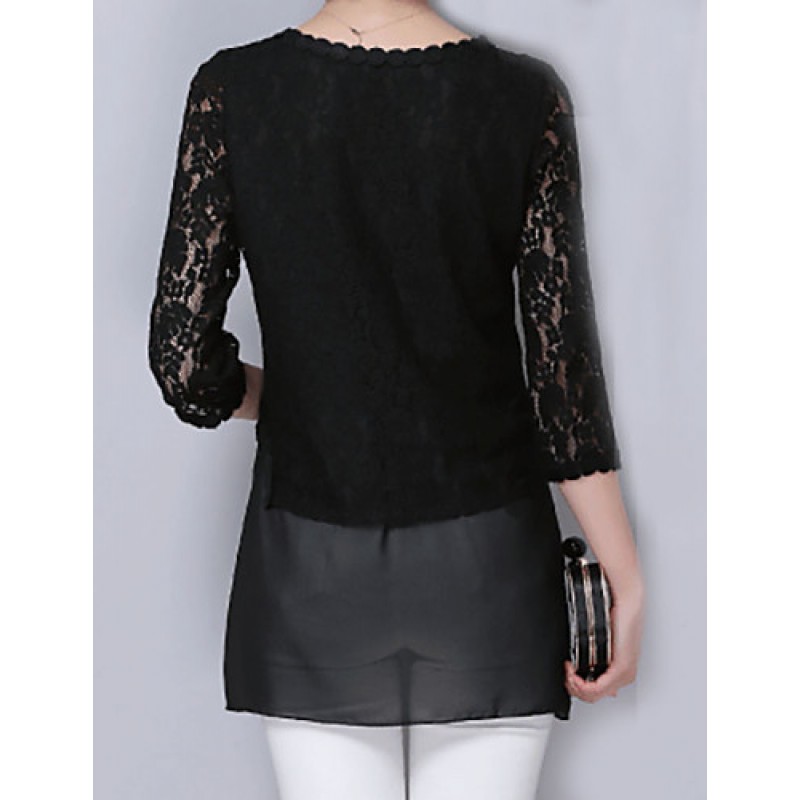 Women's Casual/Daily Street chic Fall Blouse,Solid Round Neck ? Sleeve White / Black Polyester Thin