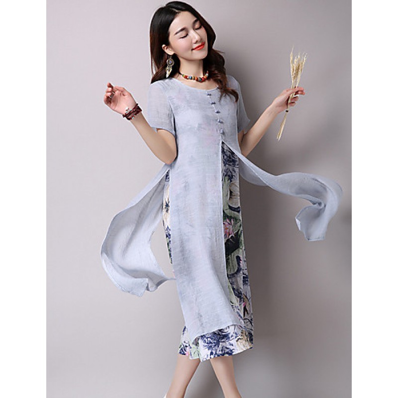 Women's Vintage Ethnic Print Floral Loose Dress,Casual/Daily Round Neck False two Midi Sweet Cotton / Linen