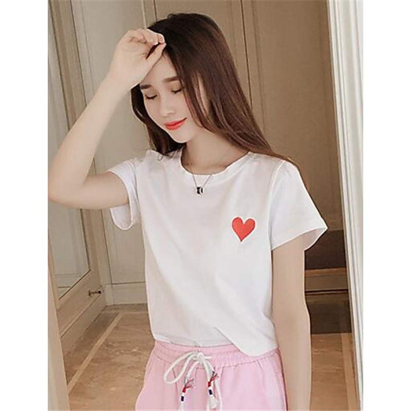 Women's Casual/Daily Simple Summer / Fall T-shirt,Solid Round Neck Short Sleeve White / Black Polyester Medium