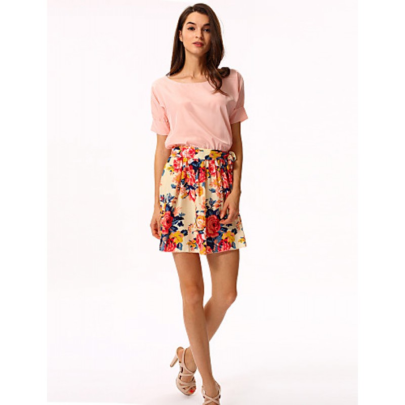 Women's White/Pink Round Flower Print Chiffon Short Sleeve Dress