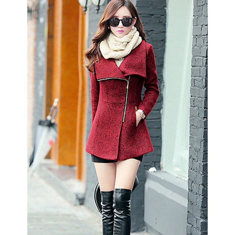 Women's Coat,Solid Long Sleeve Winter Red / Gray Wool / Others Thick