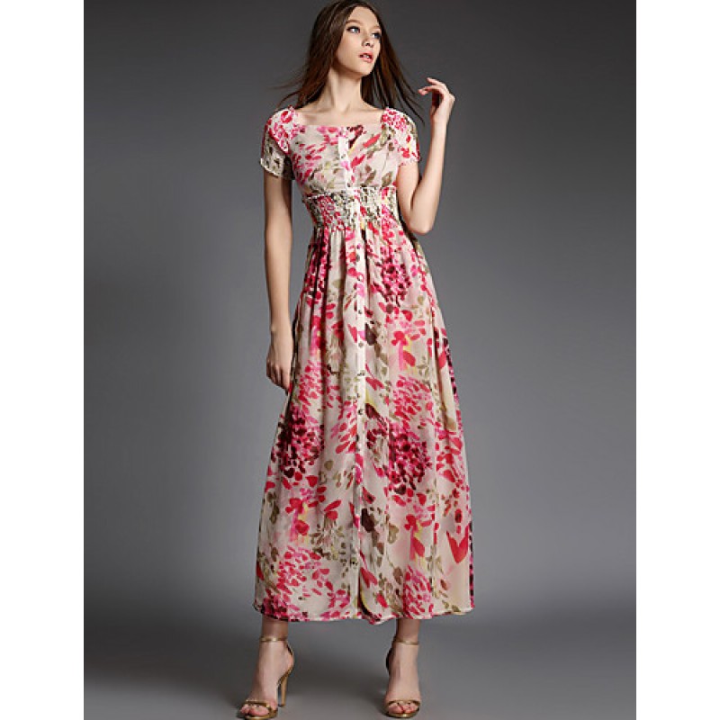 Women's Party/Cocktail Boho A Line Dress,Floral Square Neck Maxi Short Sleeve Pink Cotton Summer