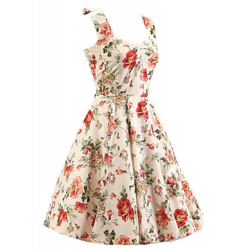 Women's Cream Floral Dress , Vintage Halter 50s Rockabilly Swing Dress