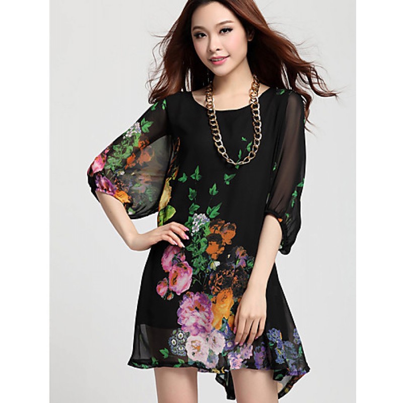 Women's Casual Plus Sizes Micro Elastic Length Sleeve Above Knee Dress (Chiffon)