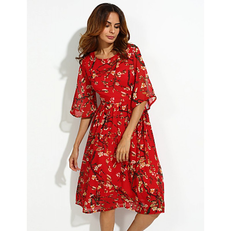 Women's Casual/Daily Boho / Street chic Plus Size / Chiffon Dress,Floral Round Neck Midi ? Length Sleeve Red Silk Summer