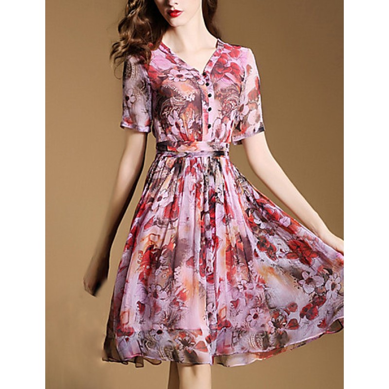 Women's Vintage Print Sheath Dress,V Neck Knee-length Silk