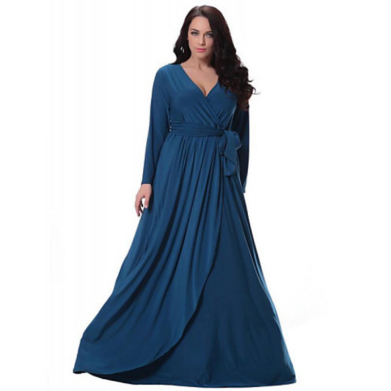 Women's Party/Cocktail Plus Size Plus Size Dress,Solid V Neck Midi Long Sleeve Blue Spandex Fall