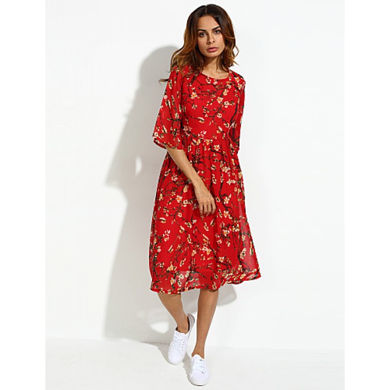 Women's Casual/Daily Boho / Street chic Plus Size / Chiffon Dress,Floral Round Neck Midi ? Length Sleeve Red Silk Summer