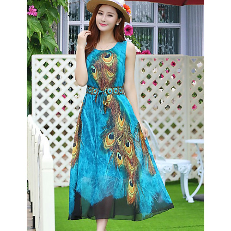 Women's Round Neck Embroidery Dress , Chiffon Midi Sleeveless