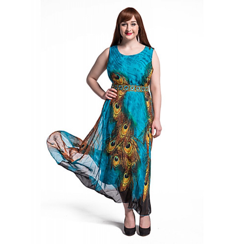 Women's Beach Plus Size / Swing Dress,Animal Print Round Neck Maxi Sleeveless Blue Polyester Summer