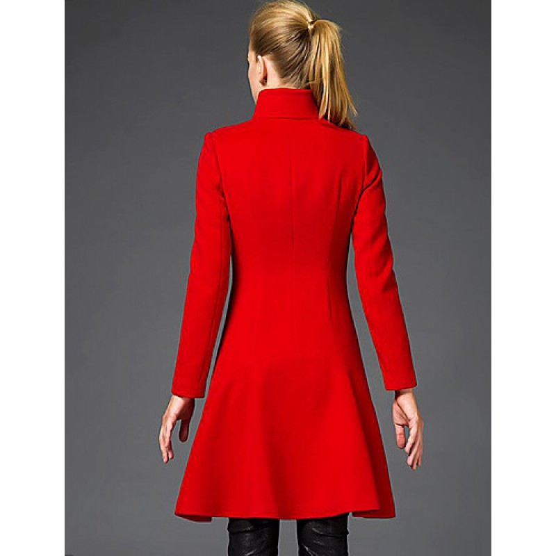 Women's Going out Sophisticated Coat,Solid Stand Long Sleeve Winter Red / Black Wool Medium