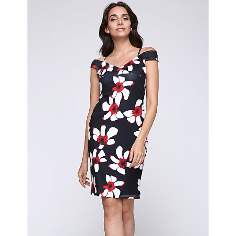 Women's Sexy Floral Bodycon Dress , V Neck Knee-length Cotton / Polyester