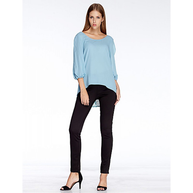 Women's Going out Simple Summer Blouse,Solid Round Neck ? Sleeve Blue Polyester Thin