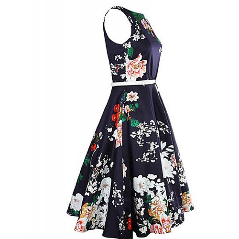 Women's Casual/Daily Vintage A Line Dress,Floral Round Neck Knee-length Sleeveless Blue Cotton Summer